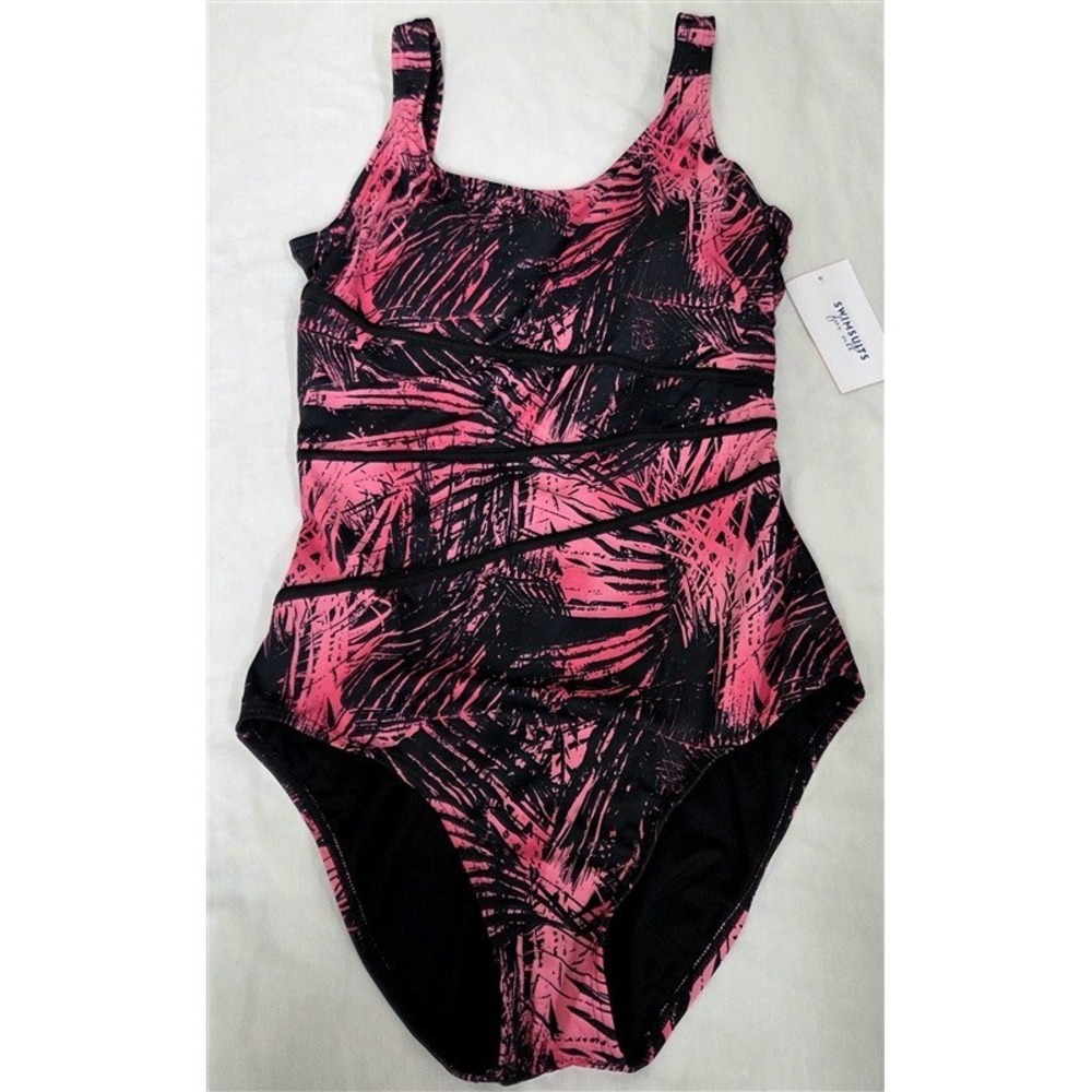 NWT Swimsuits For All 14 Aquabelle Splice Black Pink Leaf Tank Swimsuit 130782